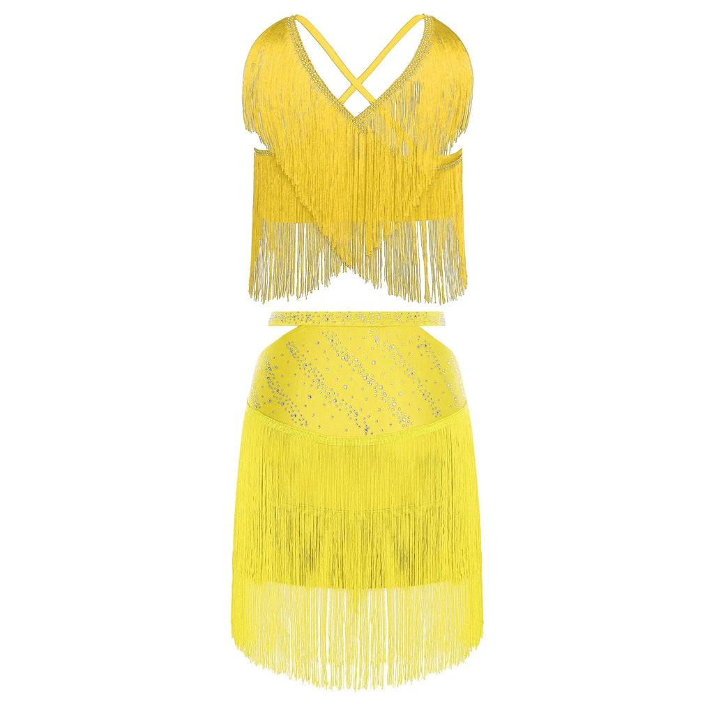 Sparkly Rhinestone & Tassel Fringe Two-Piece Latin Tango Dance Outfit Set