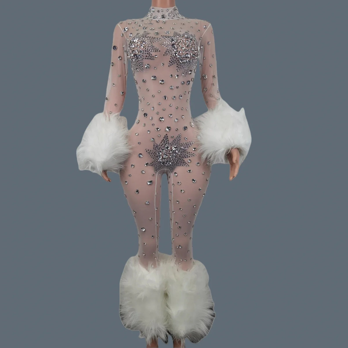 Sparkly Rhinestone & Feather Cuffed Jumpsuit Stage Performance Catsuit Costume