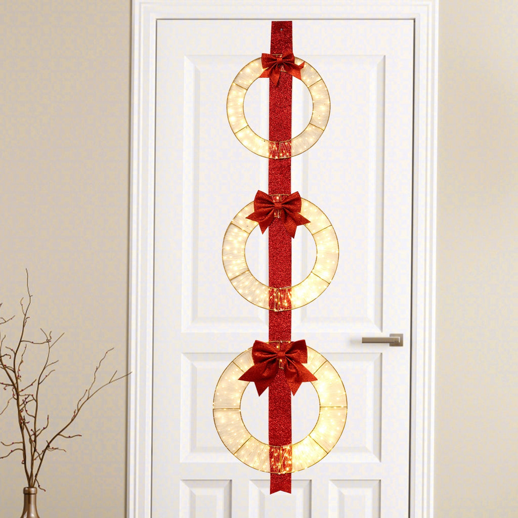 Set of 3 Christmas Lighted Wreaths with Warm White LED Lights and Bows