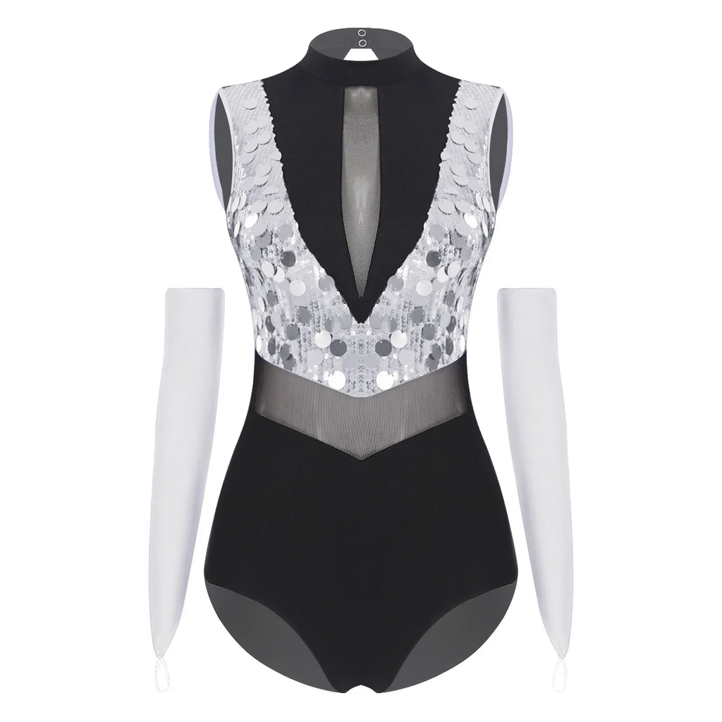 Sparkly Sequin Mock Neck Dance Leotard & Gloves Two-Piece Bodysuit Set