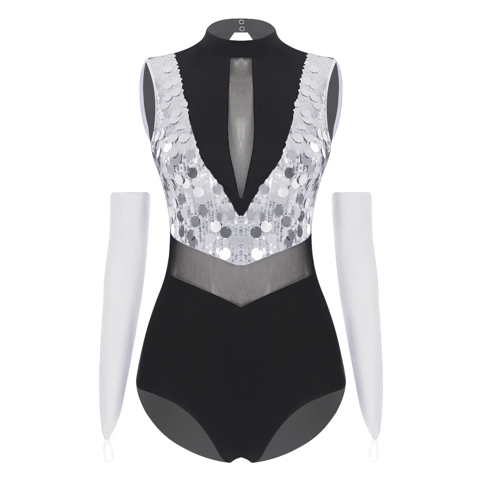 Sparkly Sequin Mock Neck Dance Leotard & Gloves Two-Piece Bodysuit Set