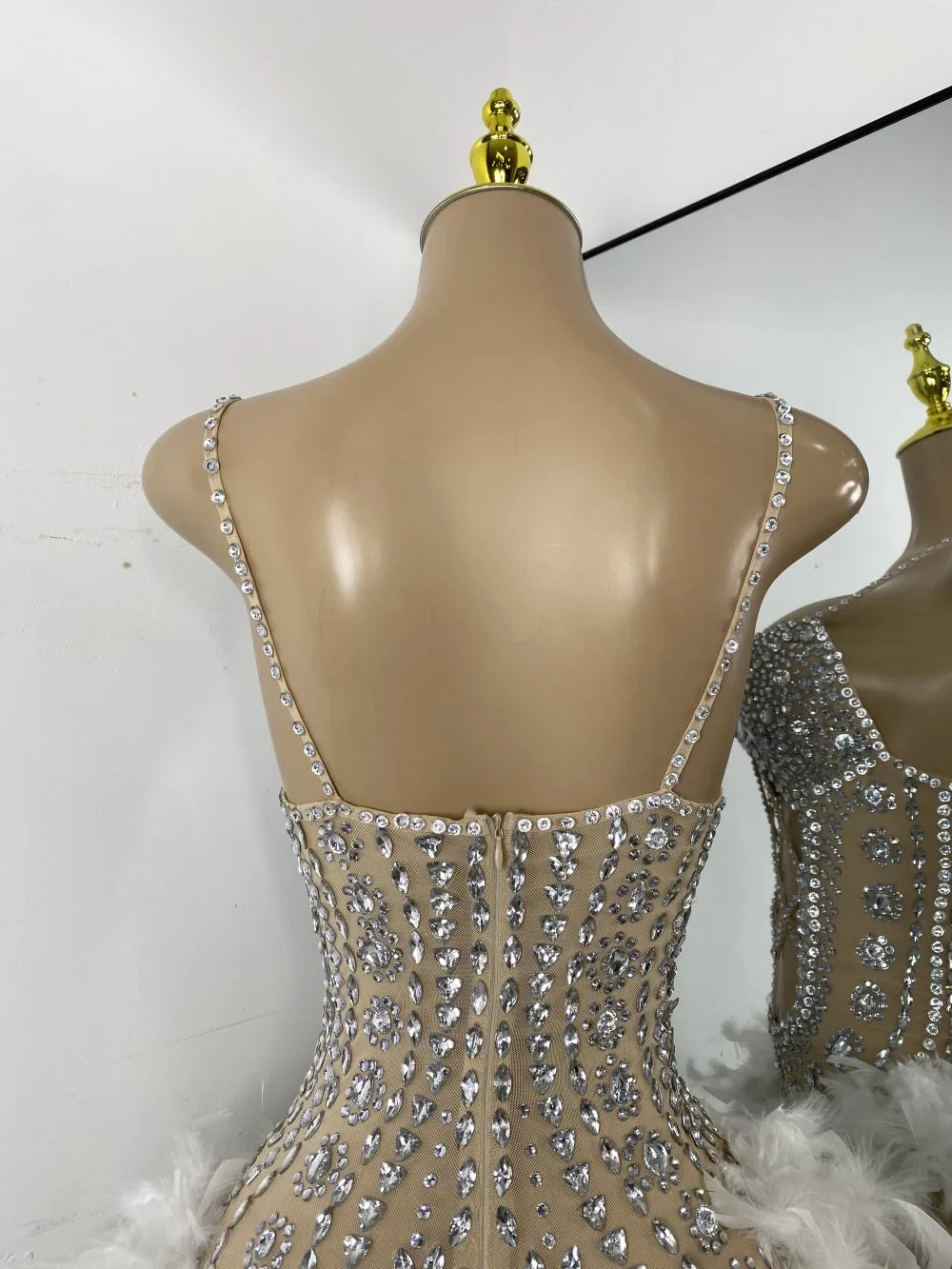 The Stardust Follies Feather Bodysuit – Luxury Rhinestone & Mesh Showgirl Costume
