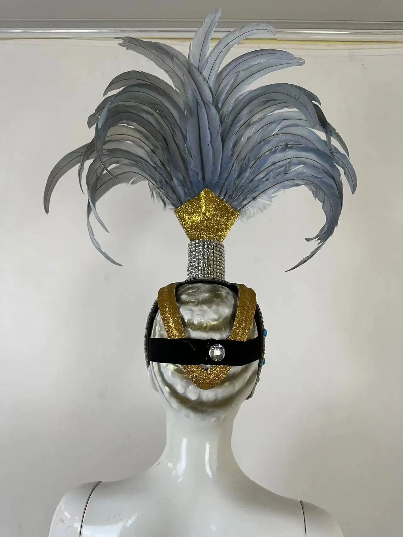 The Stardust Dionysia – Silver & Charcoal Feather Carnival & Masque Ball Headdress