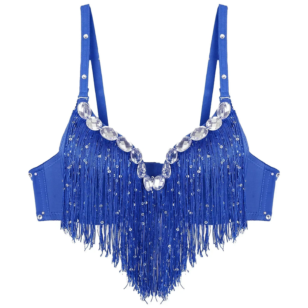 The Stardust Oasis Sirena – Sequined Tassel & Rhinestone Push-Up Belly Dance Bra Top