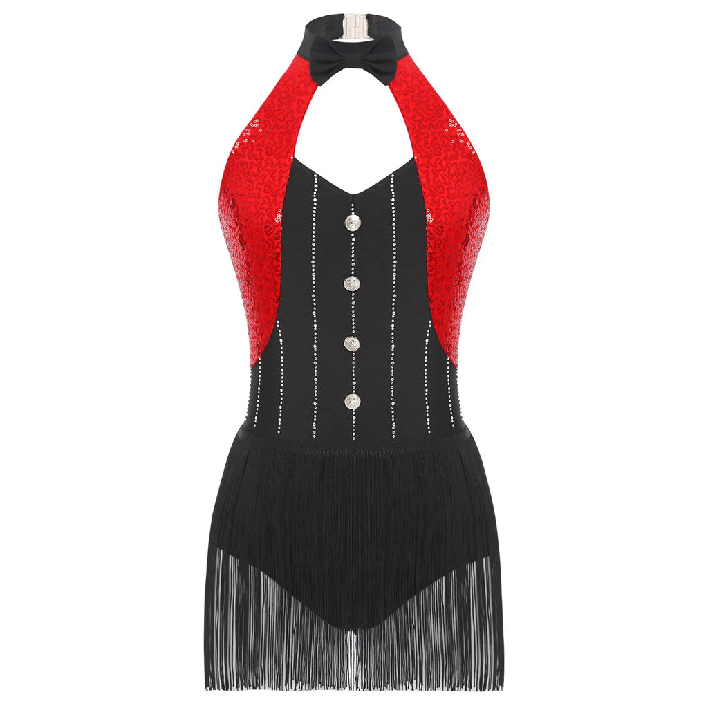 The Stardust Tuxedo Tassel Bodysuit – Luxury Sequins & Rhinestone Showgirl Leotard
