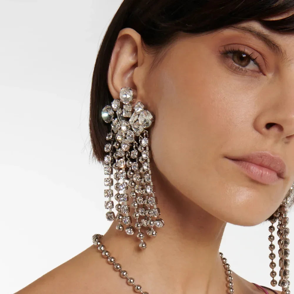 Geometric Crystal Tassel Clip-On Earrings – No-Piercing Statement Dangle Earrings for Brides, Weddings & Gala Events