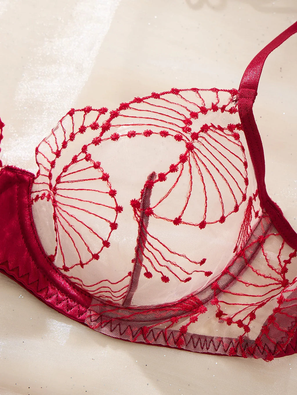 Valentine's Day romantic wine-red embroidered lingerie set - sexy see-through mesh gathered bra set of two pieces ZA825287