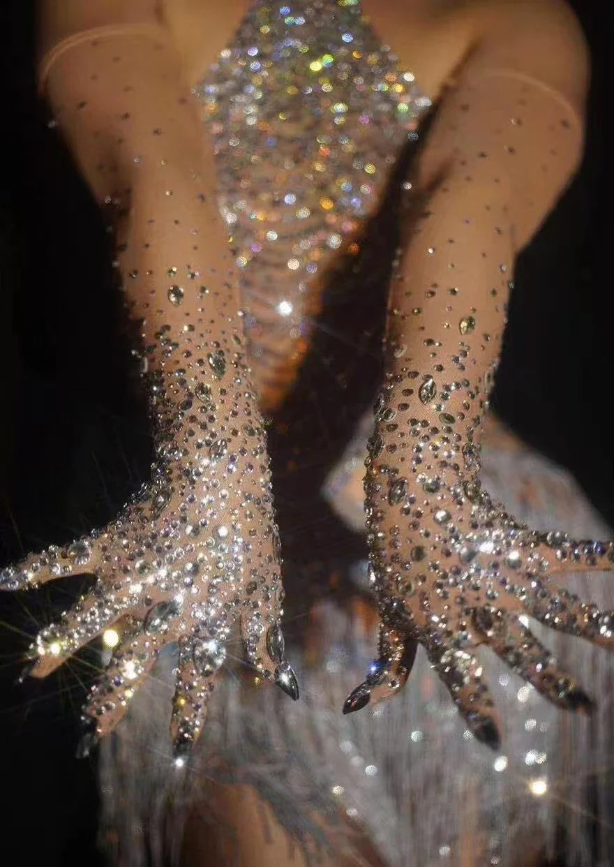 The Stardust Illusion Rhinestone Gloves – Luxury Crystal Mesh Opera Gloves