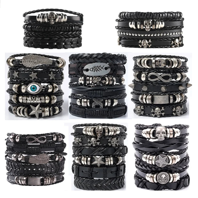 Punk Multilayer Antique Leather Bracelet Set Skull Eye Star Charms Hiphop Rock Y2K Vintage Pu Gothic Wristband Man Goth Jewelry