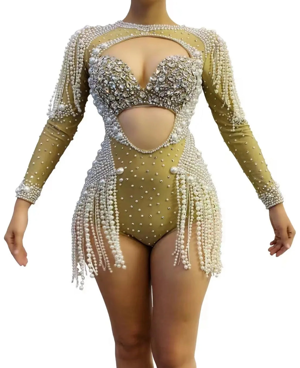 The Stardust Diamond Cutout Bodysuit – Luxury Rhinestone & Pearl Fringe Showgirl Costume