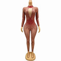 Crimson Red Rhinestone Catsuit Long Sleeve Illusion Stage Performance Jumpsuit