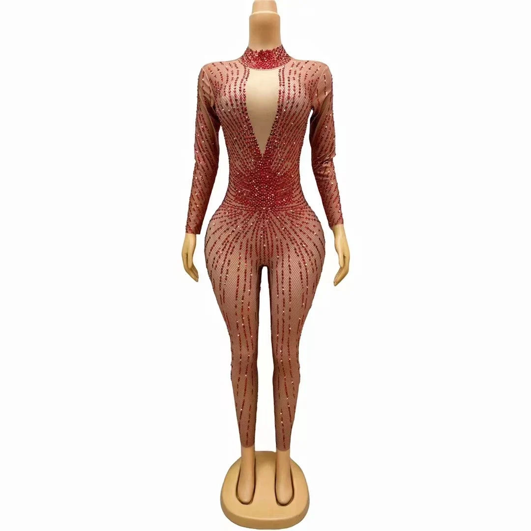 Crimson Red Rhinestone Catsuit Long Sleeve Illusion Stage Performance Jumpsuit