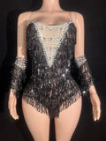Sparkly Black Sequin & Rhinestone Tassel Bodysuit with Gloves Stage Costume