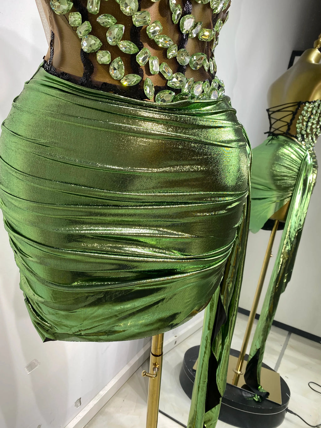 Rhinestone Tube Bustier Corset Top & Bronzing Mini Skirt 2-Piece Performance Set