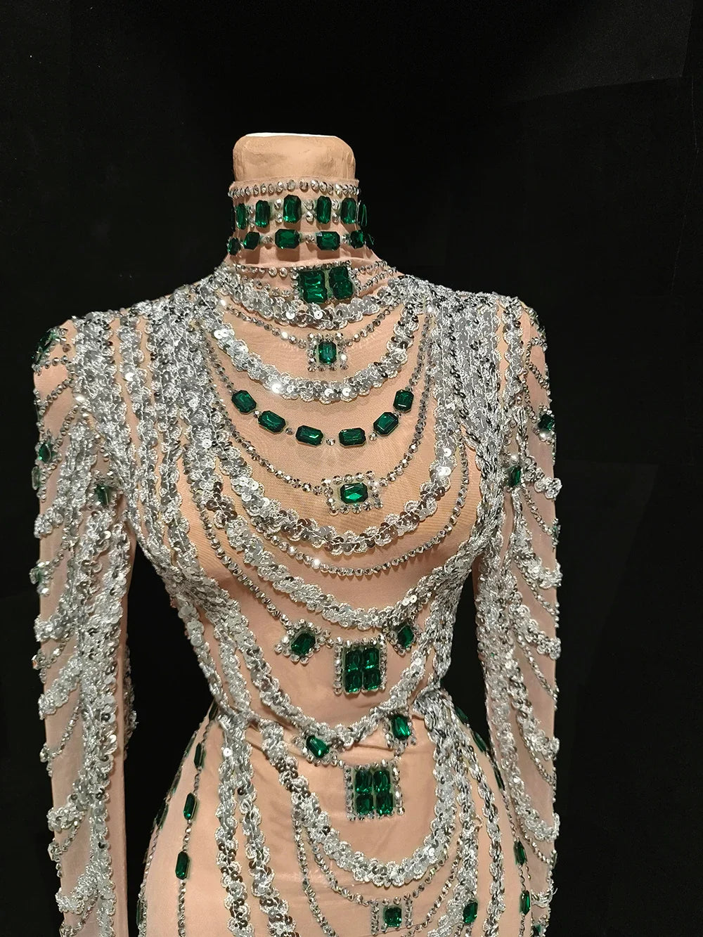 Sparkly Rhinestone, Sequin & Pearl Sheer Illusion Performance Dress Stage Costume