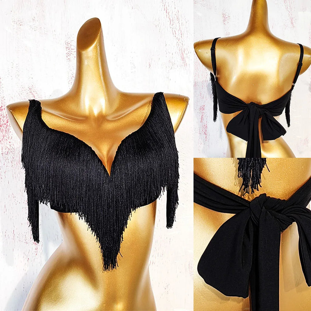 Black Latin Dance Fringe Camisole Top & High-Motion Practice Pants Set