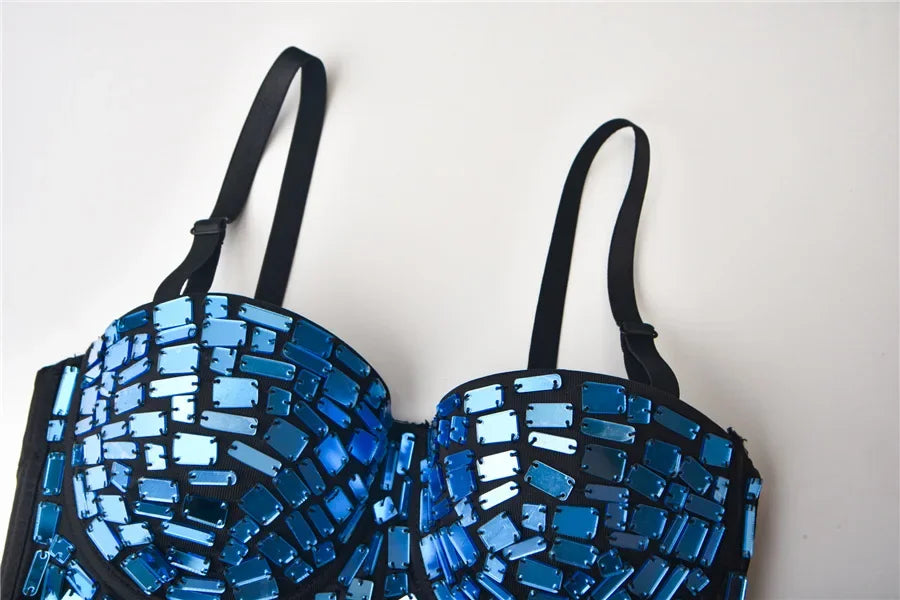 The Stardust Prism Siren – Mirror Embellished Push-Up Bustier Corset Top