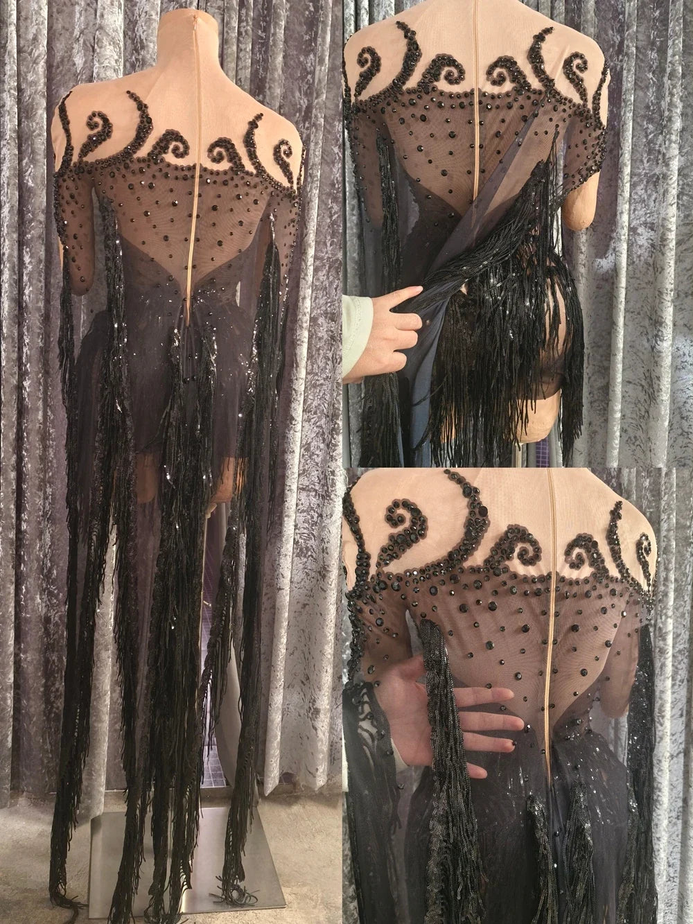 Sparkly Black Rhinestone Tassel Stage Performance Mini Dress Birthday Party Gown