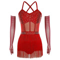 Rhinestone Latin Dance Dress, Mesh Tiered Tassel Bodysuit & Long Gloves Set