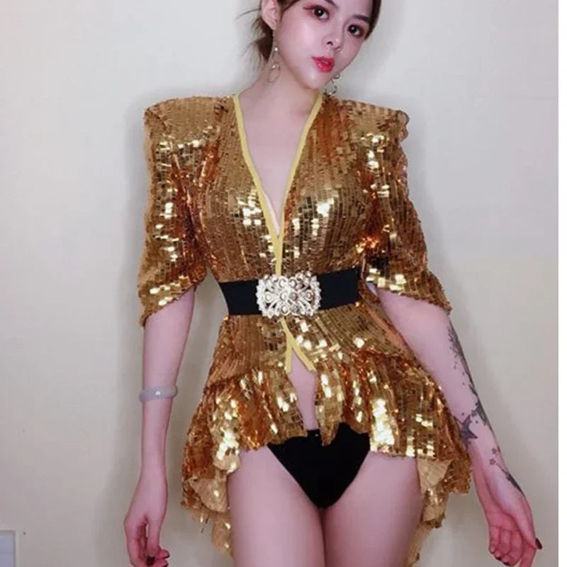 Sequined Shoulder Pad Tuxedo Leotard & Stage Performance Costume