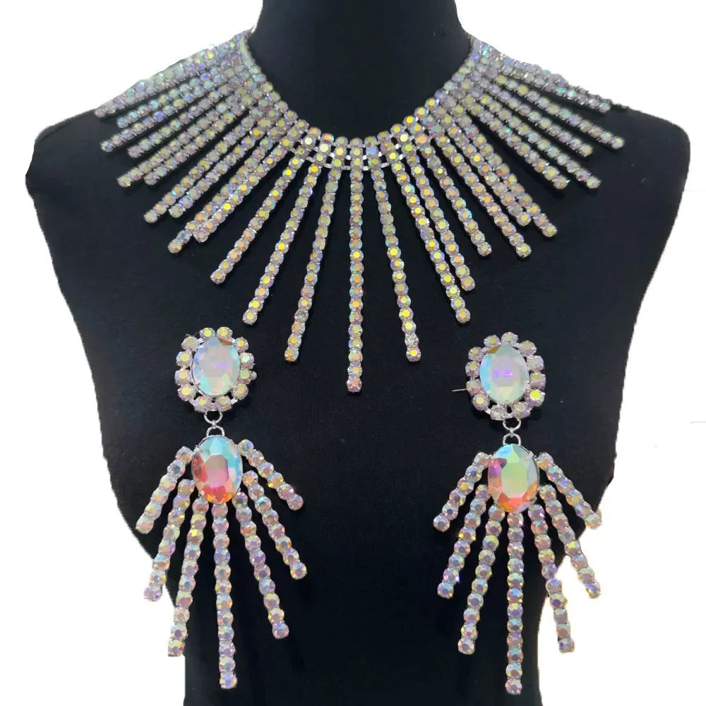Rhinestone Tassel Necklace & Earring Set