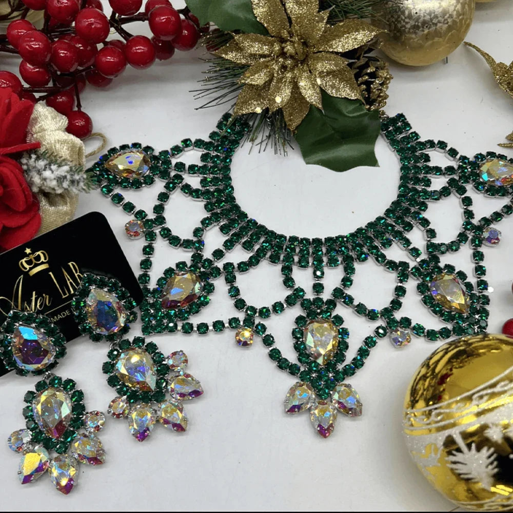 Colourful Rhinestone Necklace Earrings Set