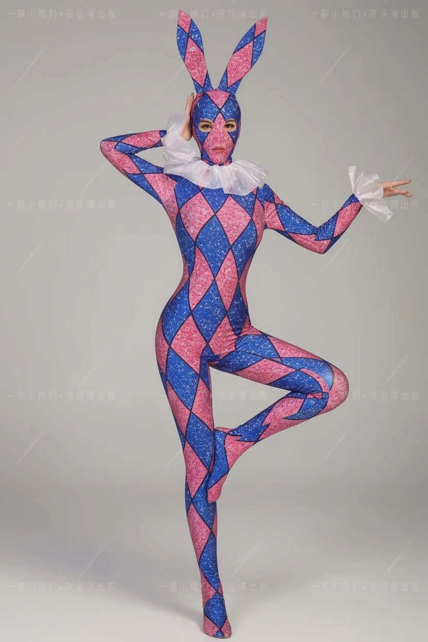 Futuristic Geometric Rhinestone Bunny Bodysuit – Luxury Showgirl Stage Costume & Exotic Festival Leotard with Statement Collar