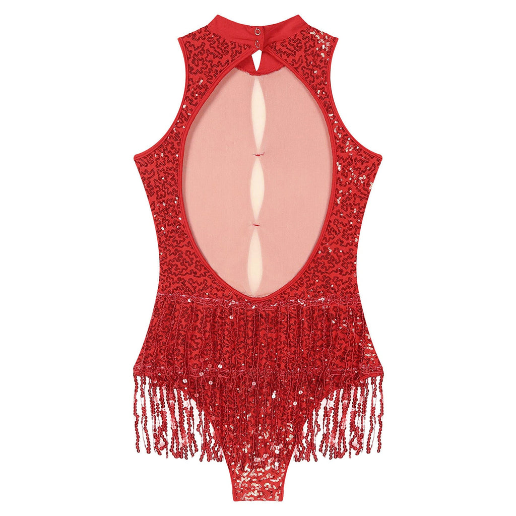 Glitter Sequin Fringe Latin Dance Leotard & Backless Performance Bodysuit