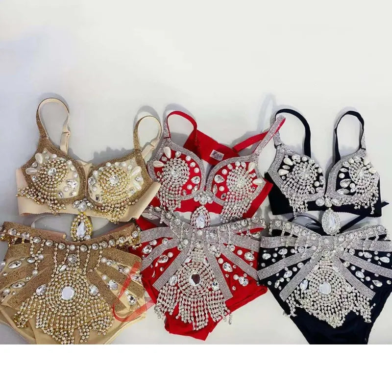 Sparkly Rhinestone Beading Tassel Bikini Sexy Nightclub Stage Wear Fringe Bra High Waist Short DJ Rave Outfit Nightclub Costume
