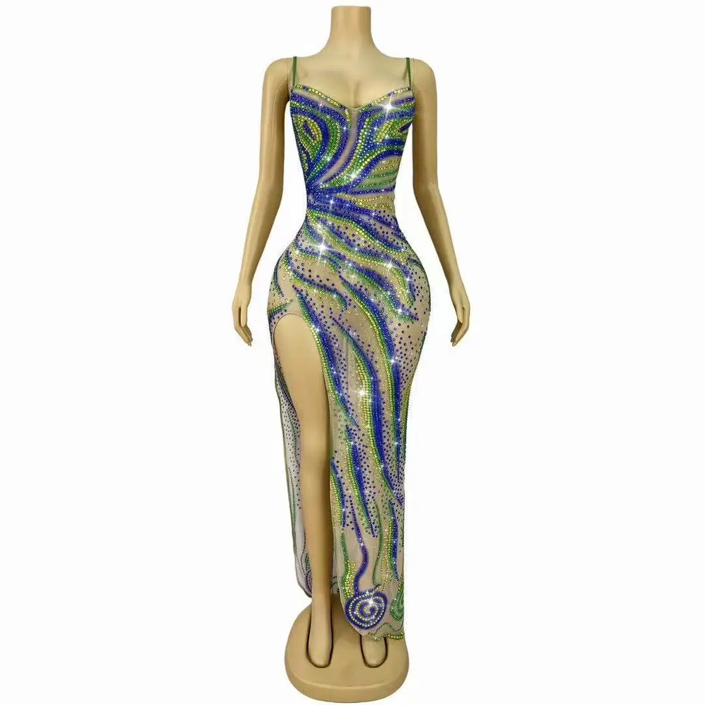 Sparkly Green Rhinestone Strip Split Maxi Dress Sheer Mesh Stage Performance Costume