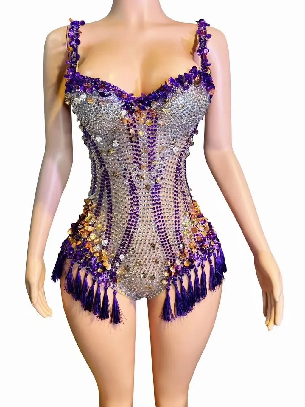 Sparkly Rhinestone & Tassel Fringe Bodysuit Stage Performance Costume