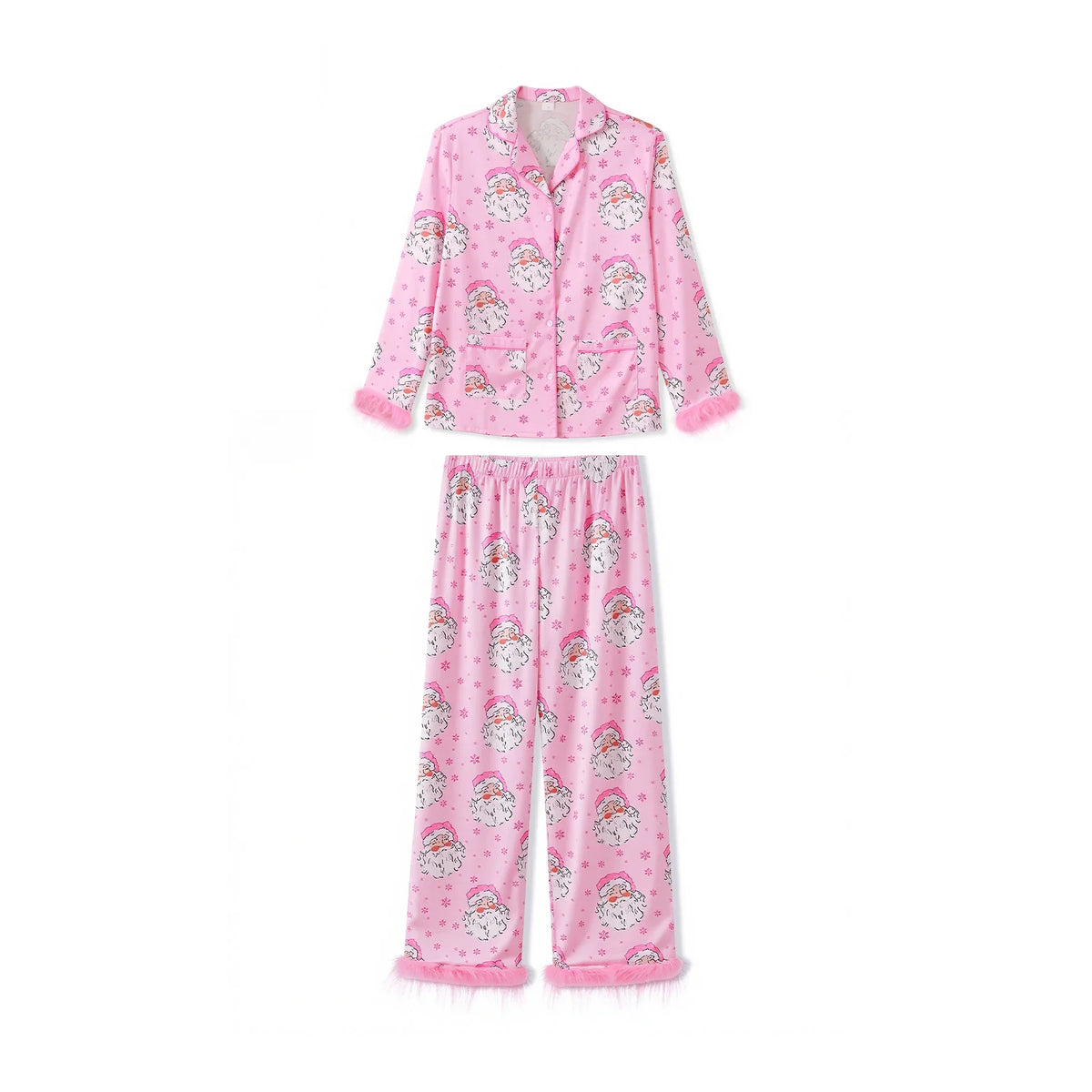 Women Satin Christmas Pajamas Sets Long Sleeve Santa Claus Print Tops with Elastic Waist Pants Two Pieces Sleepwear