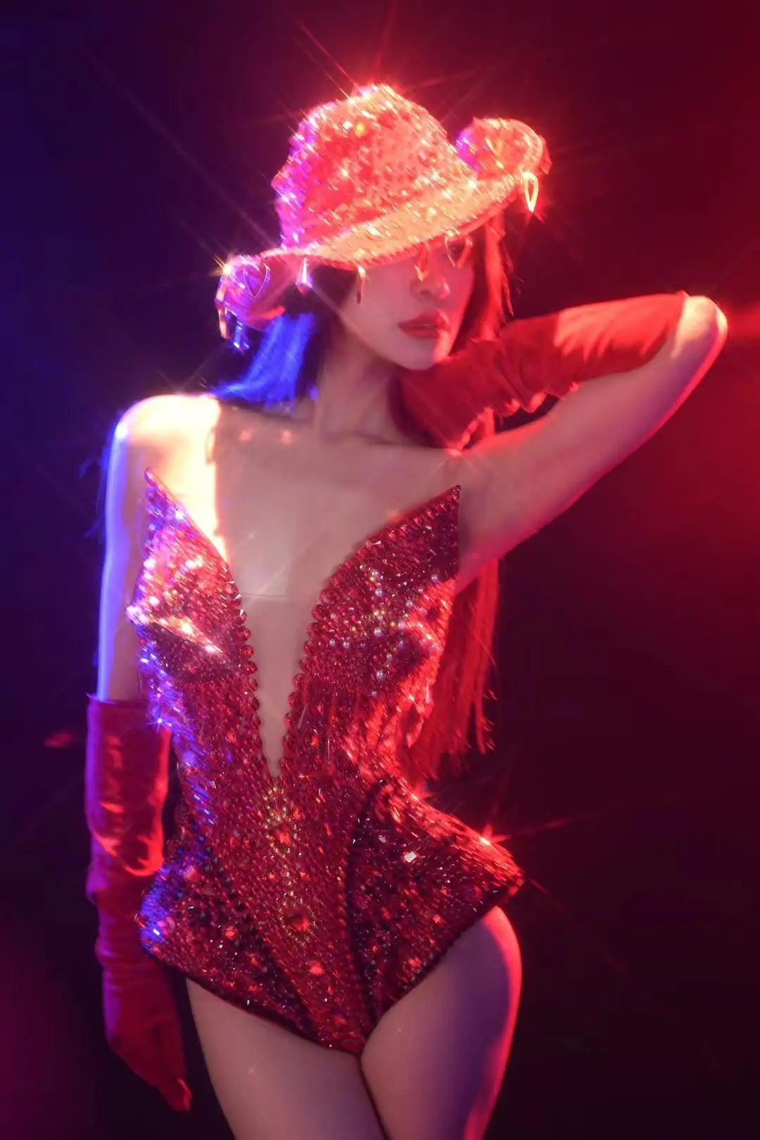 Western Cowboy Showgirl Bodysuit, Hat & Gloves 3-Piece Stage Costume Set