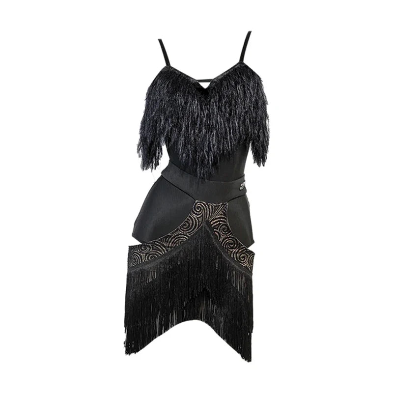 Black Fluffy Dance Leotard & Fringe Practice Skirt Latin Performance Costume Set
