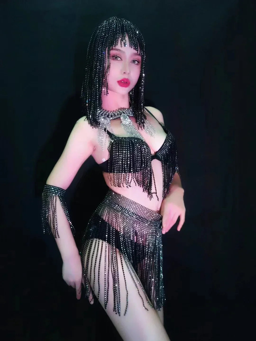 Luxury Crystal Tassel Bikini & Wig Performance Set – Premium Showgirl Stage Costume for GoGo Dancers, Nightclub DJs & Rave Outfits