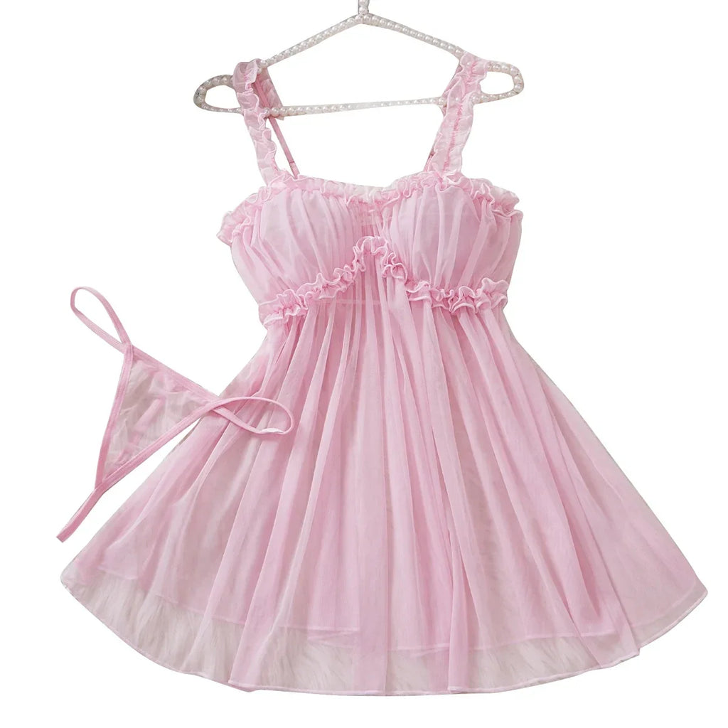 Women Mesh Nightdress Bow Pink Dress With Thong Underwear Valentine Day Gift