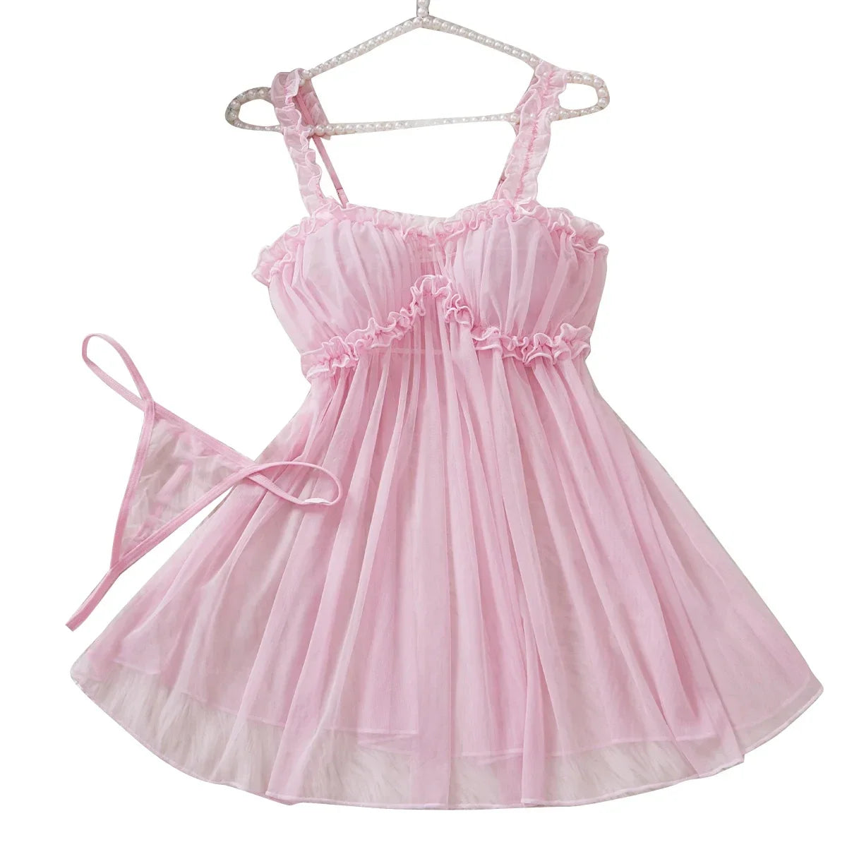 Women Mesh Nightdress Bow Pink Dress With Thong Underwear Valentine Day Gift