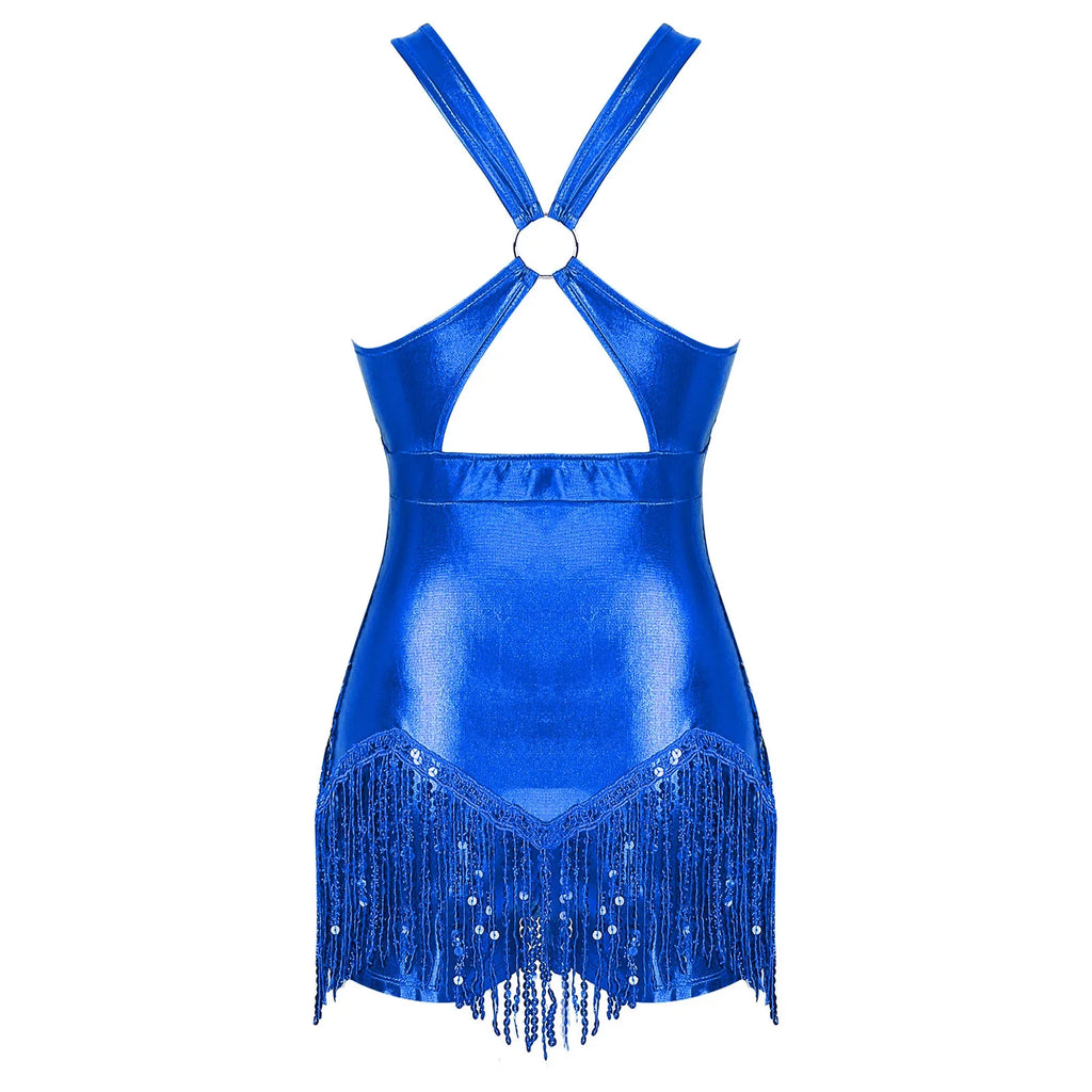Sequined Fringe Cross-Front Latin Dance Leotard Costume Dress