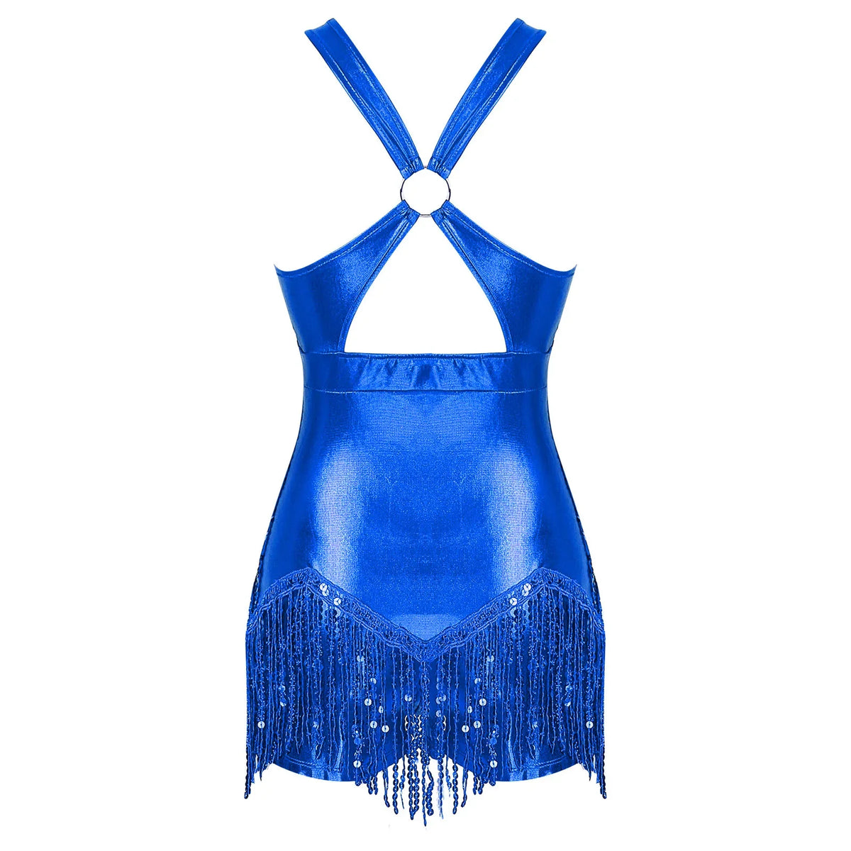 Sequined Fringe Cross-Front Latin Dance Leotard Costume Dress