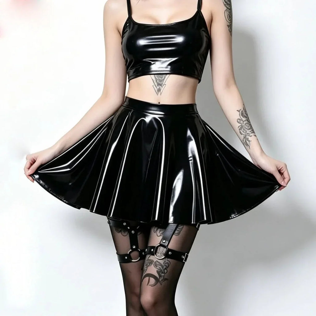Gothic PU Leather PVC Shiny Flared Pleated Mini A-Line Skirt
