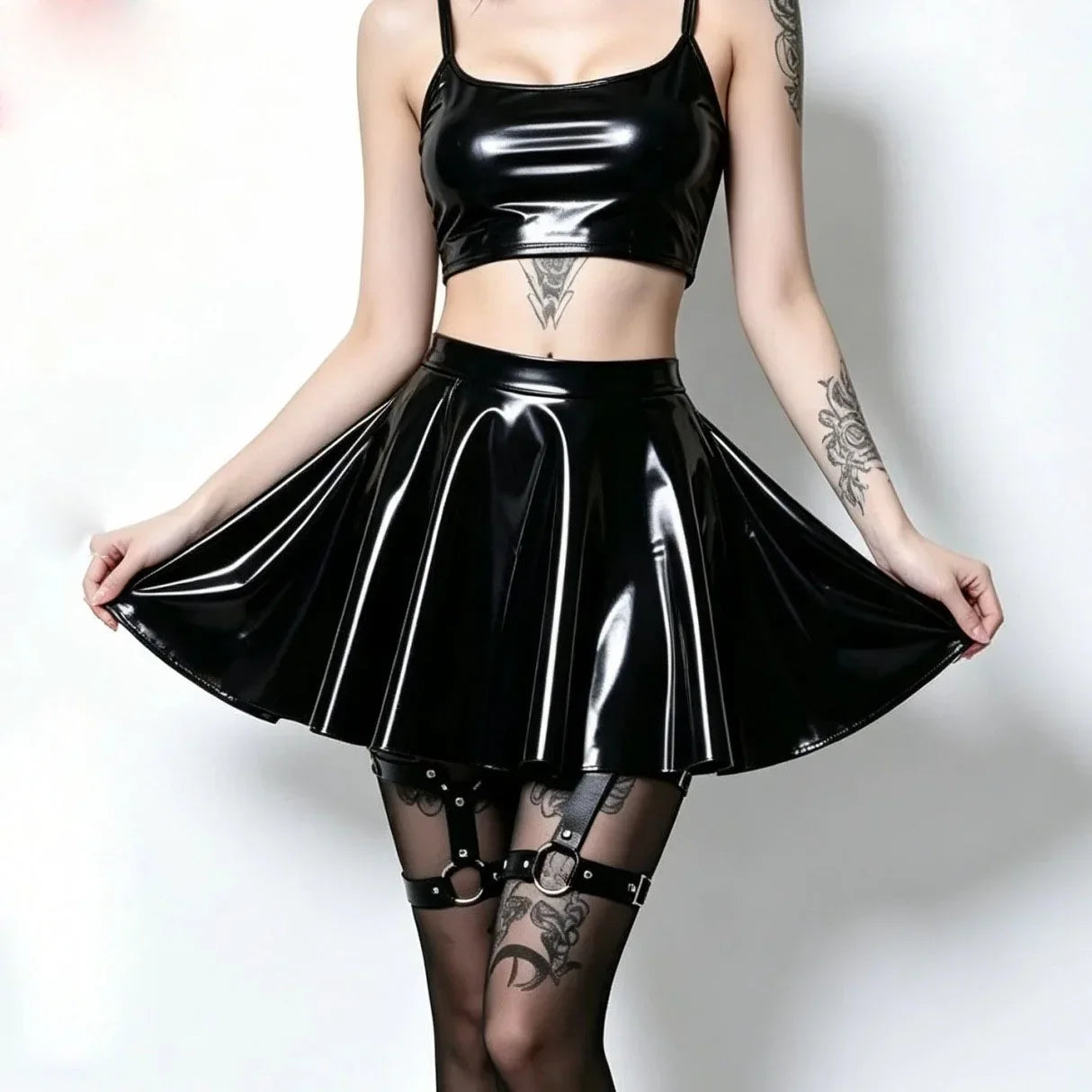 Gothic PU Leather PVC Shiny Flared Pleated Mini A-Line Skirt