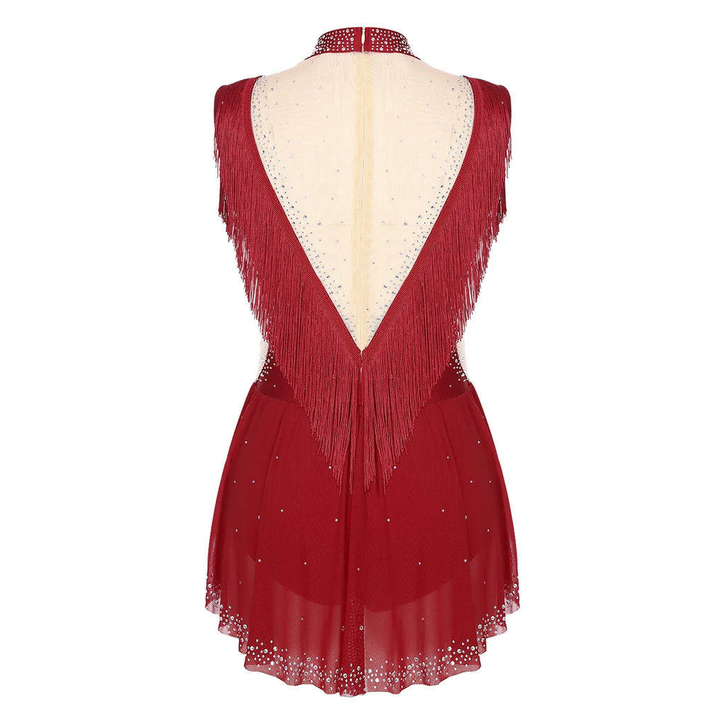 Rhinestone Mock Neck Mesh Tassel Leotard