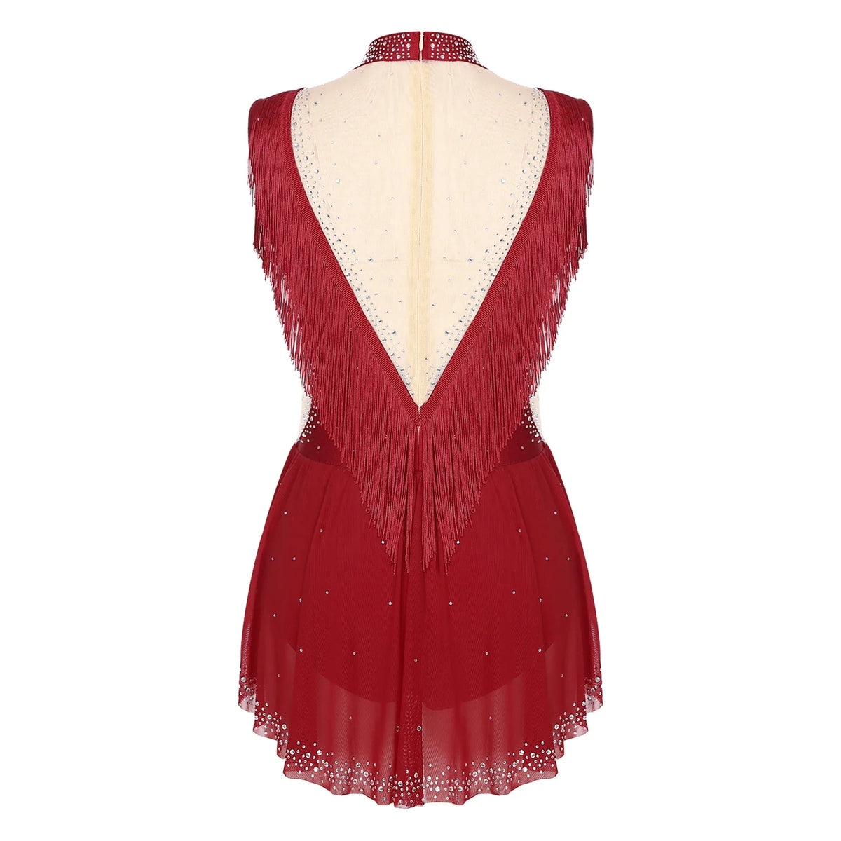 Rhinestone Mock Neck Mesh Tassel Leotard