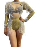 The Stardust Diamond Cutout Bodysuit – Luxury Rhinestone & Pearl Fringe Showgirl Costume