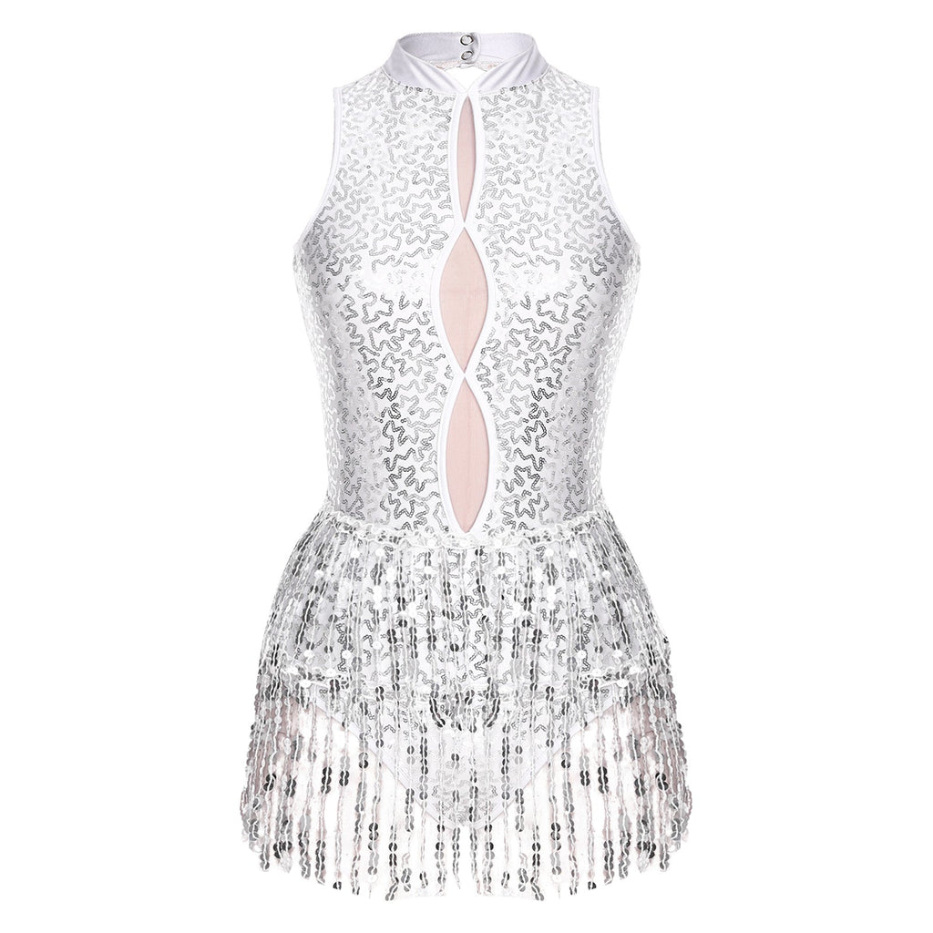 Glitter Sequin Fringe Latin Dance Leotard & Backless Performance Bodysuit