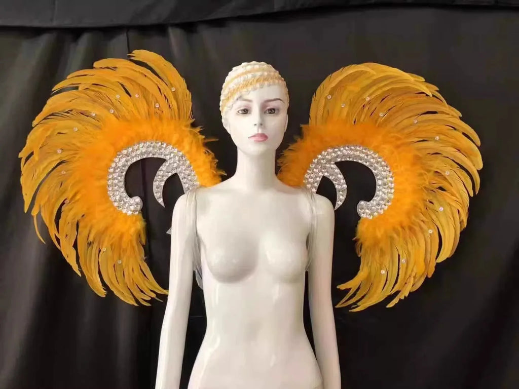 Showgirl Feather Wing Backpiece with Rhinestone Scroll Frames
