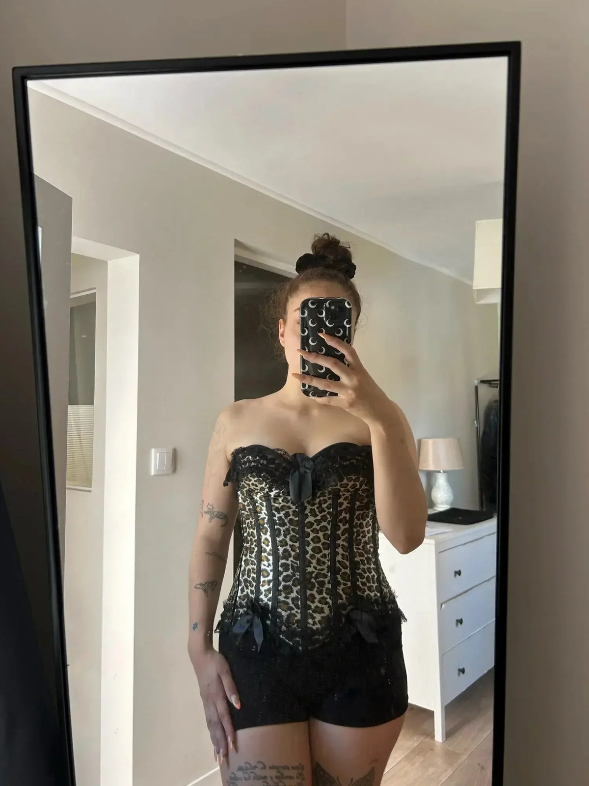 Leopard Satin Overbust Corset Lace Bowknot Clubwear Showgirl Body Shaper
