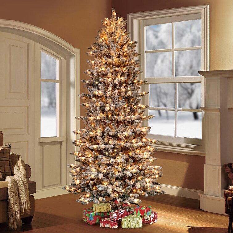 Slim Flocked Fraser 9' Green/White Fir Artificial Christmas Tree with 800 Clear/White Lights