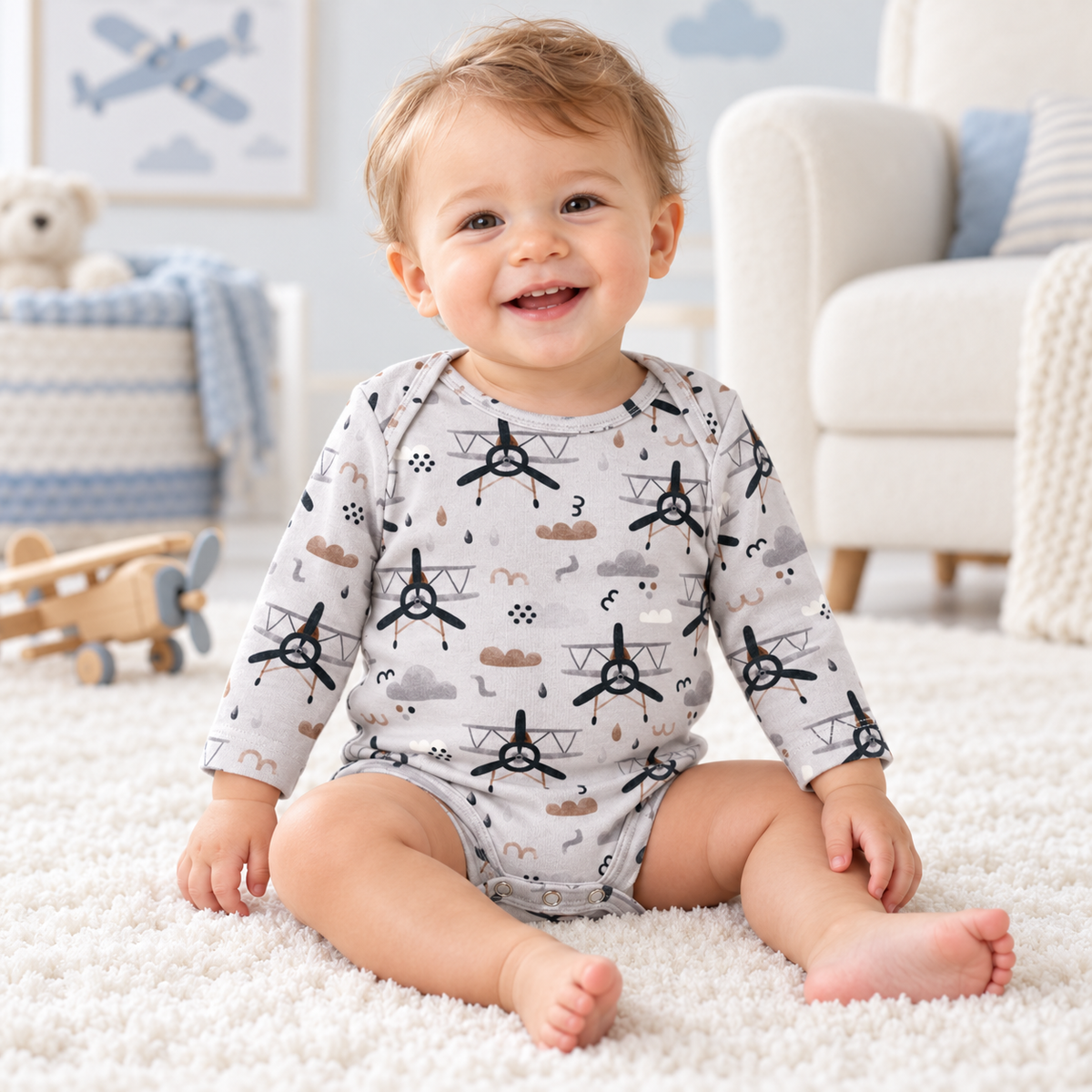 Airplane Baby Bodysuit - Bamboo Cotton Long Sleeve