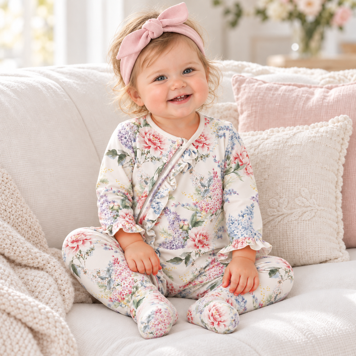 Dream Blossom Soft Bamboo Baby Girl Floral Zipper Romper